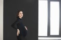 Young pregnant woman standing against black background looking to the camera touching her tummy Royalty Free Stock Photo