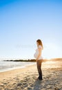 Young pregnant woman standing at beach back-lit by warm sunset Royalty Free Stock Photo