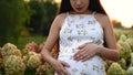 A young pregnant woman strokes her belly and smiles at the camera