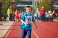 Young preschool children, running on track in a marathon competition