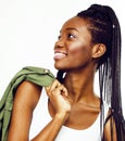 Young pretty african-american girl posing cheerful emotional on white background isolated, lifestyle people concept Royalty Free Stock Photo