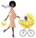Young African pregnant woman with a baby in a pram