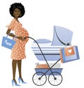 Young African pregnant woman with shopping bags and pram