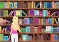 Young pretty blond woman chooses a book in the library. Vectror illustration. Royalty Free Stock Photo