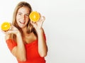 Young pretty blond woman at shopping with food in paper bag isol Royalty Free Stock Photo