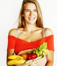 young pretty blond woman at shopping with food in paper bag isol Royalty Free Stock Photo