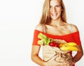 young pretty blond woman at shopping with food in paper bag isol Royalty Free Stock Photo