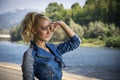 Young Pretty Blond Woman in Trendy Denim Fashion Outdoor