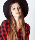 Young pretty brunette girl hipster in hat on white background ca Royalty Free Stock Photo