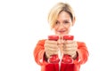 Young pretty business woman holding red dumbbells Royalty Free Stock Photo