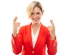 Young pretty business woman showing double fingers crossed Royalty Free Stock Photo