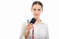 Young pretty business woman showing three blank name tag Royalty Free Stock Photo