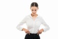Young pretty bussines woman arranging shirt gesture