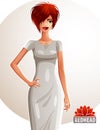 Young pretty Caucasian woman holding her hand on a waist, full body portrait. Gorgeous red-haired lady with stylish haircut Royalty Free Stock Photo