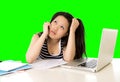 Pretty asian woman student overworked on her laptop on green screen croma key Royalty Free Stock Photo