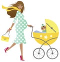 Young dark skin pregnant woman with a baby in a pram Royalty Free Stock Photo