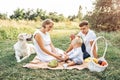 Young cute family on picnic with dog Royalty Free Stock Photo