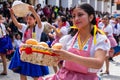 Young pretty folk dancer dressed as \'chola cuencana\', Cuenca, Ecuador