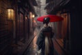 Young pretty geisha. Asian women wearing traditional japanese kimono in Yasaka Pagoda and Sannen Zaka Street with Cherry