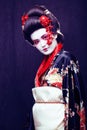 young pretty geisha in kimono with sakura and decoration on blac Royalty Free Stock Photo