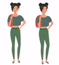 Young pretty girl. Front, 3 4 view. Cartoon style, vector illustration.