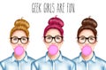 Young pretty girl with glasses chewing bubble gum