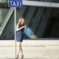 Young pretty girl goes for shopping. Happy. Royalty Free Stock Photo