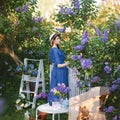 Young beautiful girl in lilac blooming garden