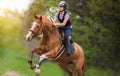 Young pretty girl riding a horse with backlit leaves behind in s Royalty Free Stock Photo