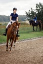 Young pretty girl riding a horse.Equestrian detail. Sport horse and rider