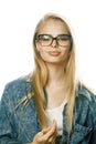 Young pretty girl teenager in glasses on white isolated blond ha