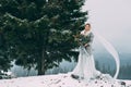 The young pretty girl waits for her lover in the middle of the mountains covered with snow Royalty Free Stock Photo