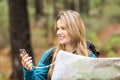 Young pretty hiker using compass and map