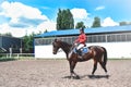 Young pretty jockey girl preparing horse for ride. love horses. girl riding a horse Royalty Free Stock Photo