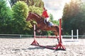 Young pretty jockey girl preparing horse for ride. love horses. girl riding a horse