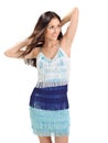 Young pretty lady in blue fringed sun-dress Royalty Free Stock Photo