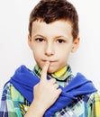 Young pretty little cute boy kid wondering, posing emotional face isolated on white background, gesture happy smiling Royalty Free Stock Photo