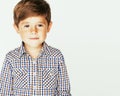 Young pretty little cute boy kid wondering, posing emotional face isolated on white background, gesture happy smiling Royalty Free Stock Photo