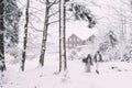 Young pretty pair of lovers. Winter. Date. A pair of lovers on a date in the mountains.