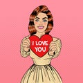 Young Pretty Pop Art Woman Holding Big Red Heart in her Hands Royalty Free Stock Photo