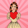 Young Pretty Pop Art Woman Holding Big Red Heart in her Hands Royalty Free Stock Photo