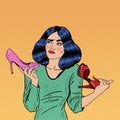 Young Pretty Pop Art Woman Making Choise on Shopping Between Shoes Royalty Free Stock Photo