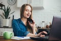 Pregnant girl works at home in self-isolation mode in quarantine and makes online purchases Royalty Free Stock Photo