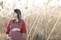 Young pretty pregnant woman outdoors on sunset Royalty Free Stock Photo