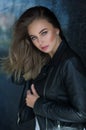 Young pretty sexy woman in leather jacket, lifestyle hipster gir Royalty Free Stock Photo