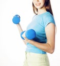 Young pretty slim blond woman with dumbbell isolated cheerful smiling, measuring herself, diet people concept on white Royalty Free Stock Photo