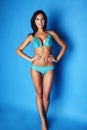 Young pretty smiling happy slim girl in bikini on blue background, lifestyle people on vacation concept Royalty Free Stock Photo