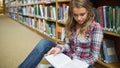 Young pretty student sitting on library floor reading book Royalty Free Stock Photo