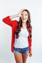 Young pretty stylish hipster girl posing emotional isolated on white background happy smiling cool smile, lifestyle Royalty Free Stock Photo