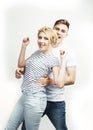 Young pretty teenage couple, hipster guy with his girlfriend happy smiling and hugging isolated on white background Royalty Free Stock Photo